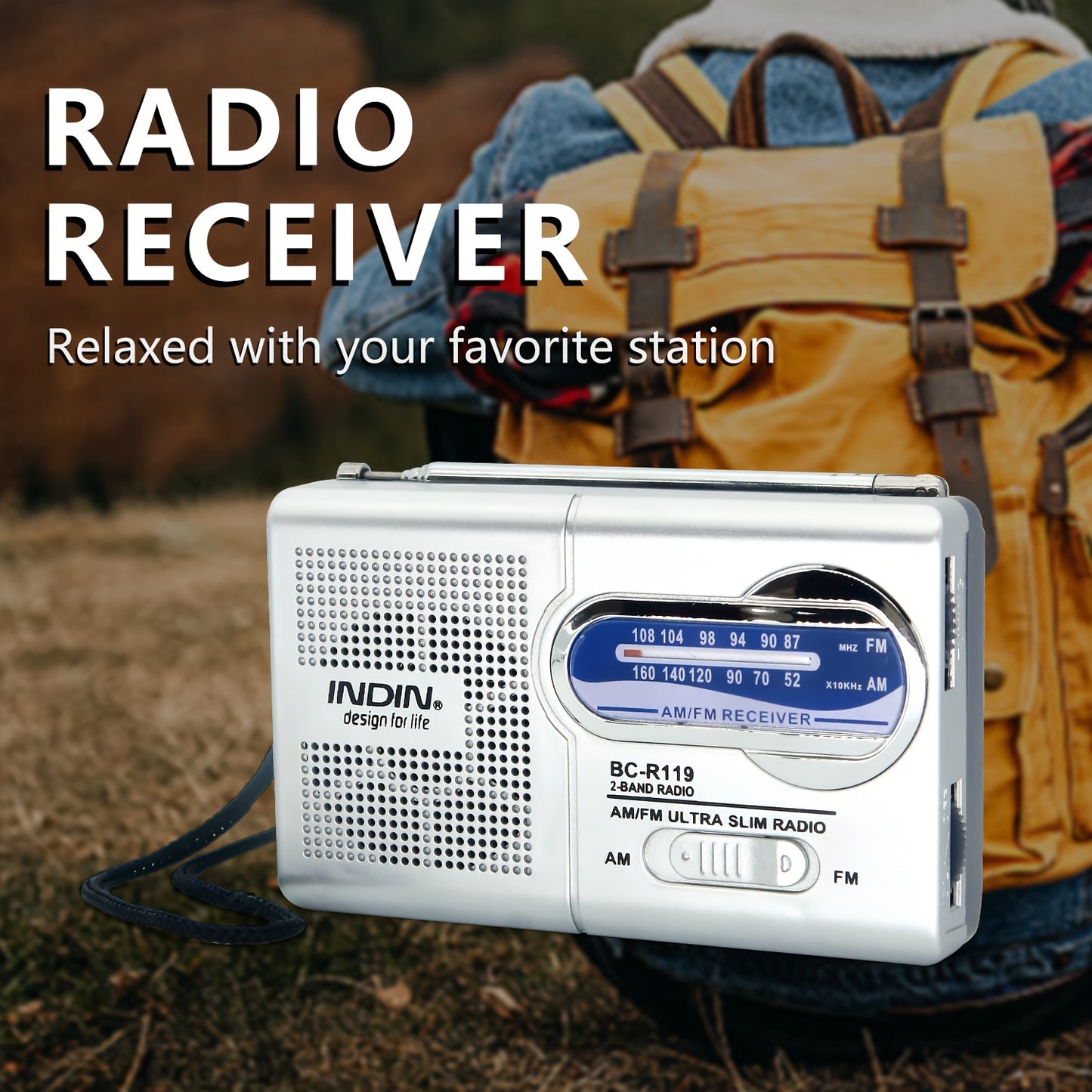 Rádio portátil AM/FM com antena telescópica, ideal para emergências, cortes de energia e aventuras ao ar livre.