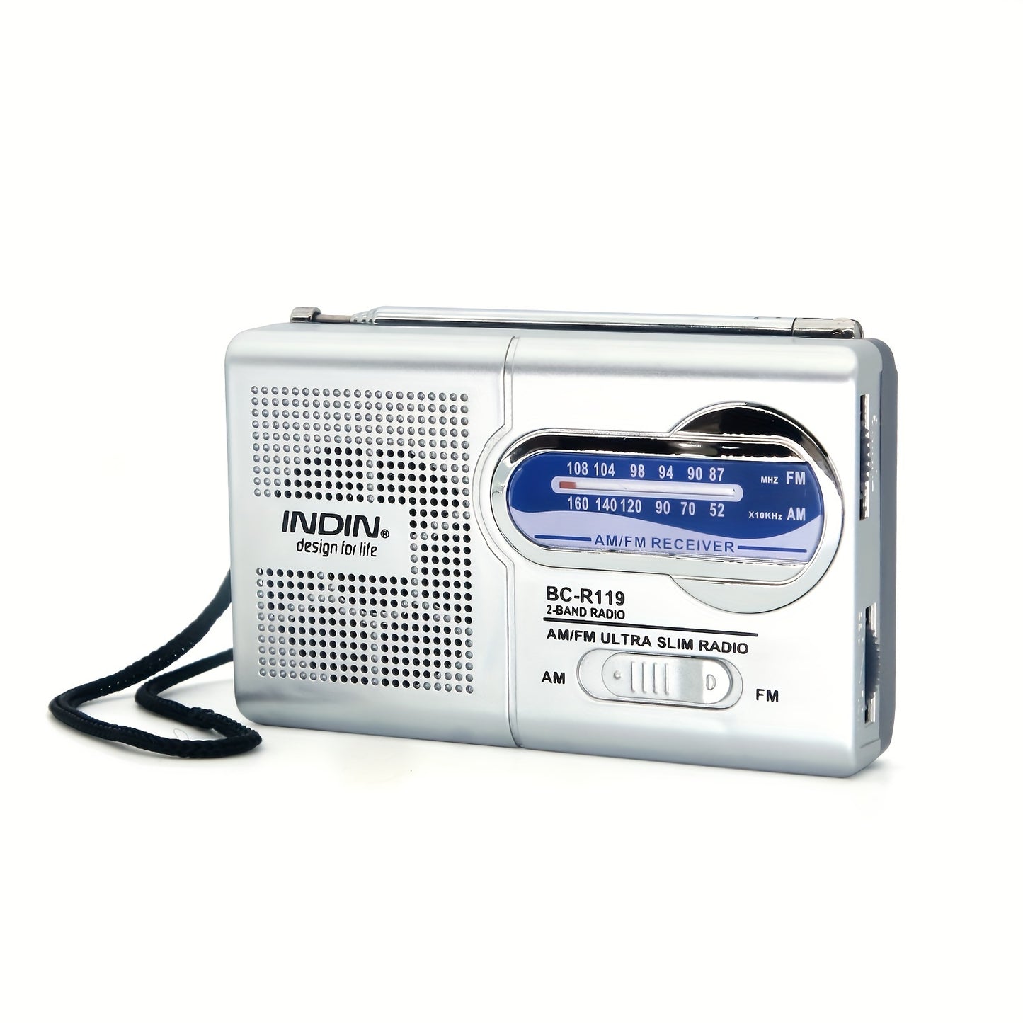 Rádio portátil AM/FM com antena telescópica, ideal para emergências, cortes de energia e aventuras ao ar livre.