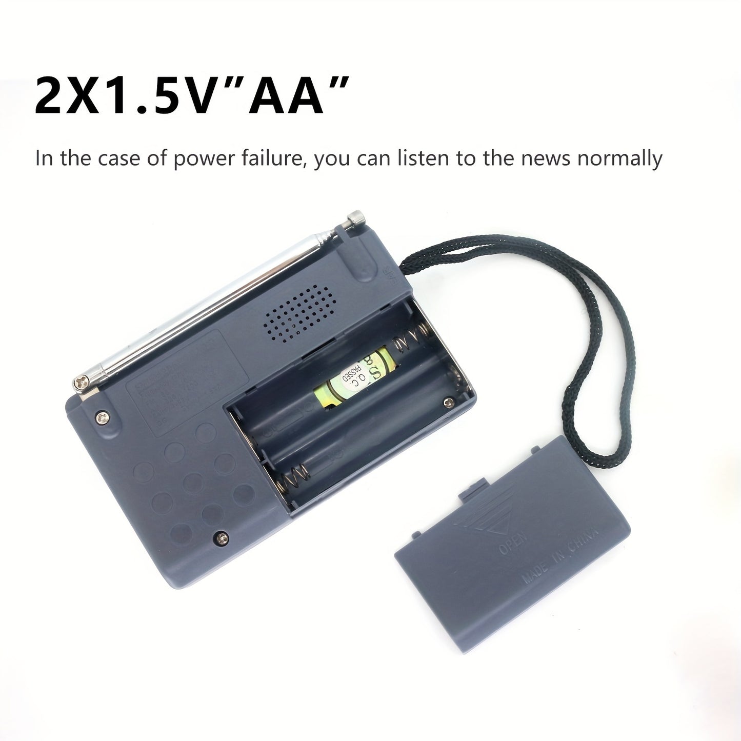 Rádio portátil AM/FM com antena telescópica, ideal para emergências, cortes de energia e aventuras ao ar livre.