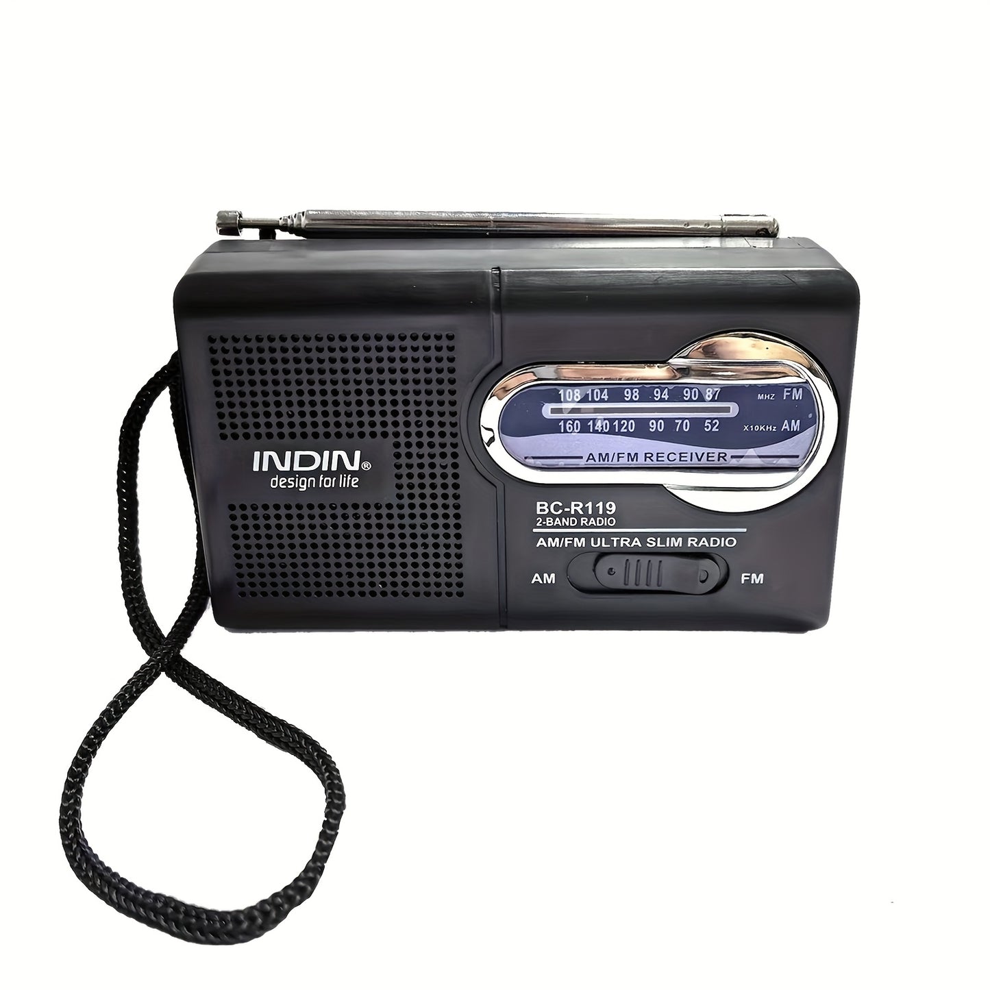 Rádio portátil AM/FM com antena telescópica, ideal para emergências, cortes de energia e aventuras ao ar livre.