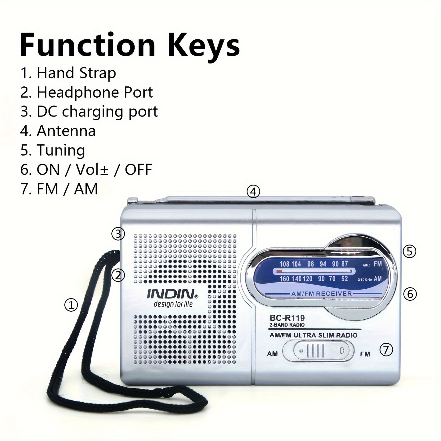 Rádio portátil AM/FM com antena telescópica, ideal para emergências, cortes de energia e aventuras ao ar livre.