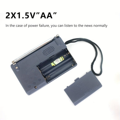 Rádio portátil AM/FM com antena telescópica, ideal para emergências, cortes de energia e aventuras ao ar livre.