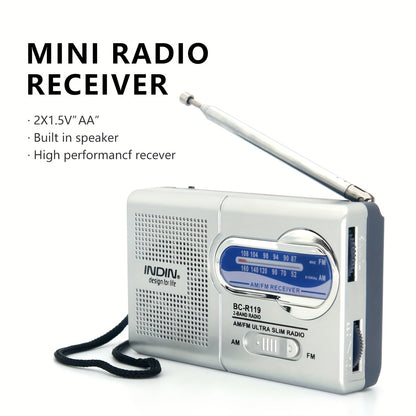 Rádio portátil AM/FM com antena telescópica, ideal para emergências, cortes de energia e aventuras ao ar livre.