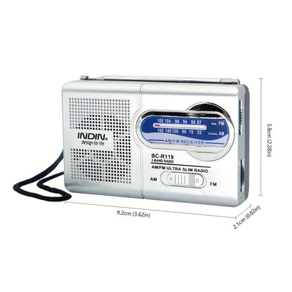 Rádio portátil AM/FM com antena telescópica, ideal para emergências, cortes de energia e aventuras ao ar livre.
