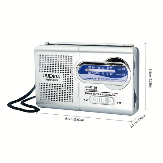 Rádio portátil AM/FM com antena telescópica, ideal para emergências, cortes de energia e aventuras ao ar livre.